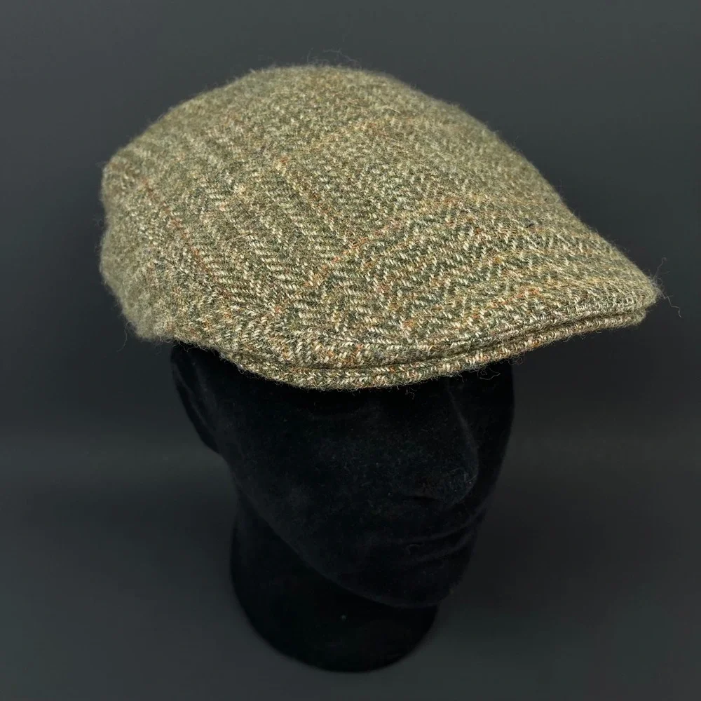 Vintage Hanna Hats Donegal Tweed Flat Cap Men M Green Herringbone Wool Ireland